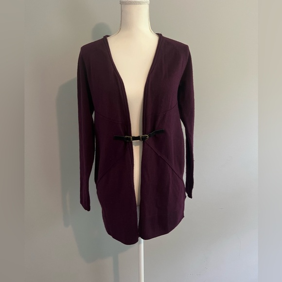 Ellen Tracy Cardigan Womens Small Purple Merino Wool‎ Open Front Sweater Buckle - Picture 1 of 6